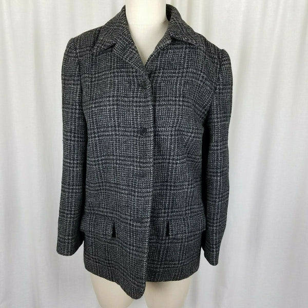 Perry Ellis Wool Windowpane Plaid Woven Peacoat Coat Jacket Womens size 8 Black