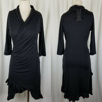 Matti Mamane Black Ruffled Ruched Faux Wrap Jersey Knit Dress Womens 1 S NWT