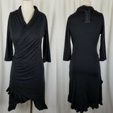 Matti Mamane Black Ruffled Ruched Faux Wrap Jersey Knit Dress Womens 1 S NWT