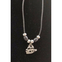 Tall Ships Pirate Pewter Silver Black Rope Bead Necklace Pendant Charm Jewelry