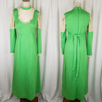 Vintage 70s Prairie Maxi Boho Dress Retro Lace Jersey Knit Bridesmaid Womens S