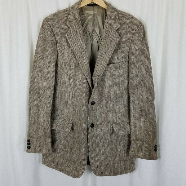 Vintage HARRIS Tweed Blazer Brown Herringbone Wool Sport Coat Jacket Mens 42R