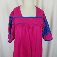 Vintage 70s Sea Wind Applique Hawaiian Dress MuuMuu Womens L Bright Pink Blue