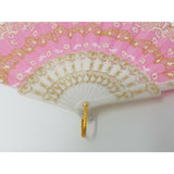 VINTAGE CHINESE Pink Fabric FAN White Plastic RIBS Gold Trim Asian China