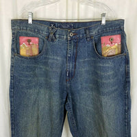 LRG Embellished GRAPHIC Patches Hip Hop Jeans Blue Denim Mens 38 40x32 Mountains
