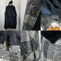 Vintage 50s Woven Plaid Wool Faux Fur Muff Collar MCM Peacoat Swing Coat Womens