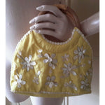 Yellow Floral Silk Sea Shells Wooden Handles Handbag Bag Clutch Purse Flowers