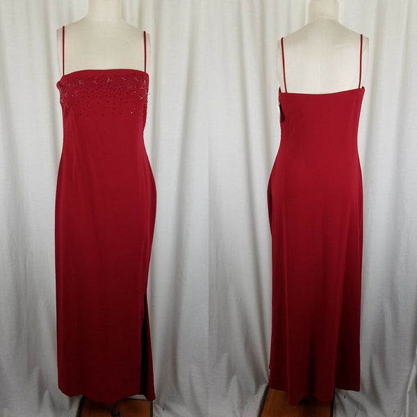 Tahari Petites Red Maxi Fitted Slinky Sexy Beaded Dress Womens 12P 80s Vintage