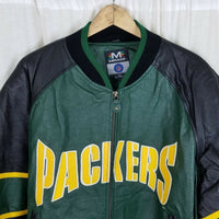 Vintage Mirage Green Bay Packers Leather Double Sided Bomber Jacket Mens XL NFL