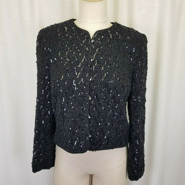 Ursula of Switzerland Heavily Sequined Black Satin Blazer Jacket Womens 12P USA