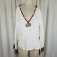 Inca Heavily Beaded Trim Linen VNeck Bell Sleeve Tunic Top Blouse Womens M India