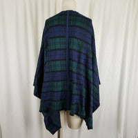 Izod Tartan Plaid Wrap Sweater Cape Poncho Womens S M Green Blue Asymmetrical