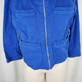 Ellen Tracy Denim Bright Blue Jean Jacket Womens L Collarless Zippered Zip Up