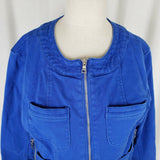 Ellen Tracy Denim Bright Blue Jean Jacket Womens L Collarless Zippered Zip Up