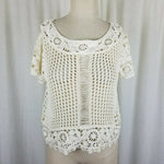 Short Sleeve Floral Crochet Loose Knit Sweater Top Tunic Womens S M Ivory Cream