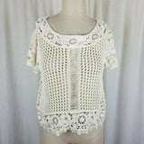 Short Sleeve Floral Crochet Loose Knit Sweater Top Tunic Womens S M Ivory Cream