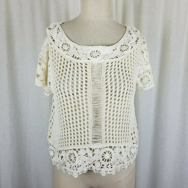 Short Sleeve Floral Crochet Loose Knit Sweater Top Tunic Womens S M Ivory Cream