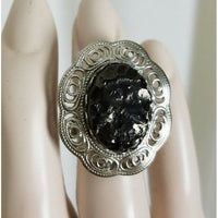 Oval Polished Black Coal Look Adjustable Ring Womens One Size Band Faceted Frame