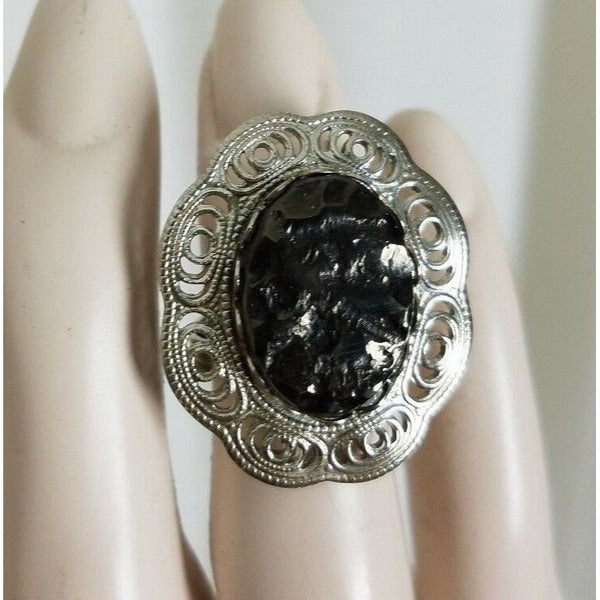 Oval Polished Black Coal Look Adjustable Ring Womens One Size Band Faceted Frame