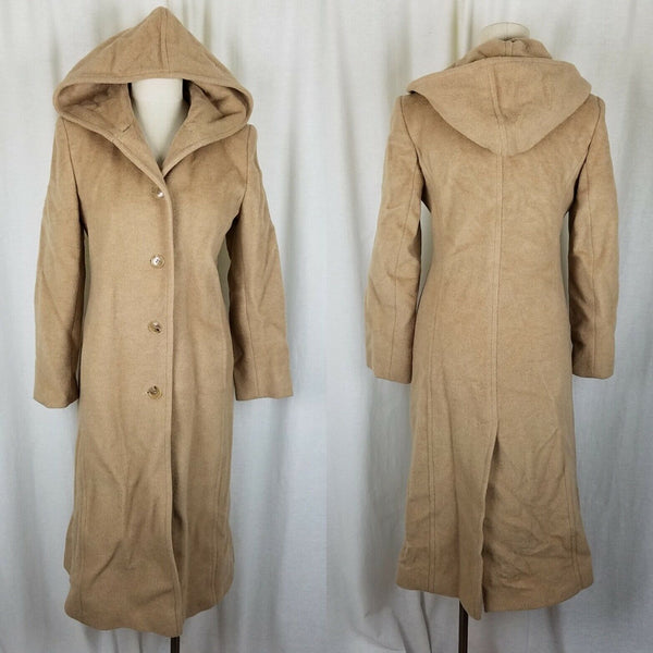 Vintage Jones New York Petites Mohair Wool Hooded Maxi Camel Peacoat Womens 4P