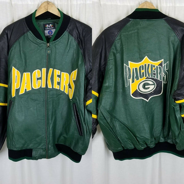 Vintage Mirage Green Bay Packers Leather Double Sided Bomber Jacket Mens XL NFL