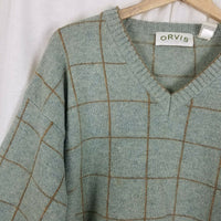 Vintage VNeck Wool Windowpane Plaid Pullover Knit Sweater Mens L Green Brown