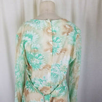 Vintage 70s Long Maxi Hawaiian Floral House Dress Womens 18 Green Tan Flowing