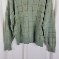 Vintage VNeck Wool Windowpane Plaid Pullover Knit Sweater Mens L Green Brown