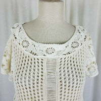 Short Sleeve Floral Crochet Loose Knit Sweater Top Tunic Womens S M Ivory Cream