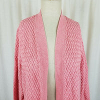 LL Bean Long Boucle Waffle Open Front Wrap Cotton Cardigan Sweater Womens M Pink