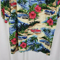 Vintage Big Dogs Hawaiian Camp Shirt 50s Convertible Cars Club Hibiscus Men 2XLT