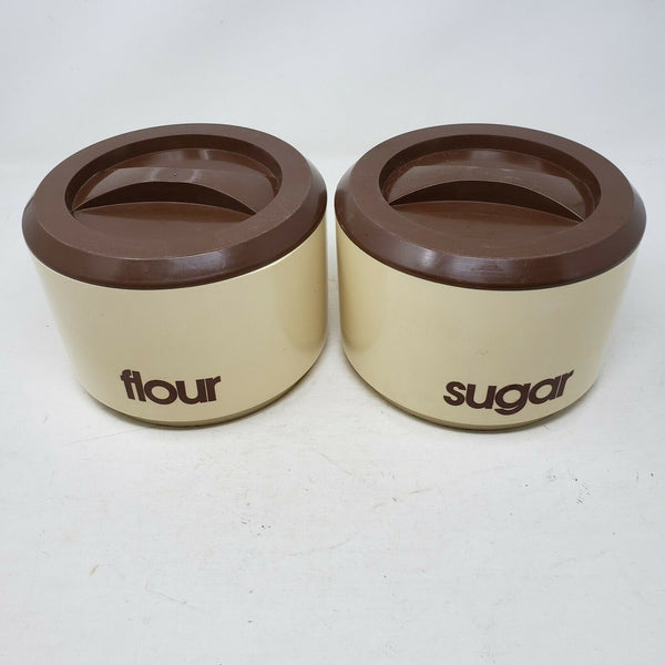 Vintage Sterilite 2 Piece 70s Canister Set Flour Sugar Brown Plastic Lidded Top