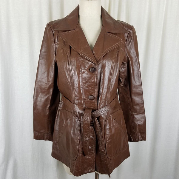 Vintage Sears Western OutdoorWear Faux Fur Leather Peacoat Trench Coat Womens 16