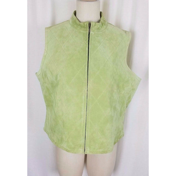 Catherine Stewart Quilted Lime Green Washable Suede Leather Zip Vest Womens XL