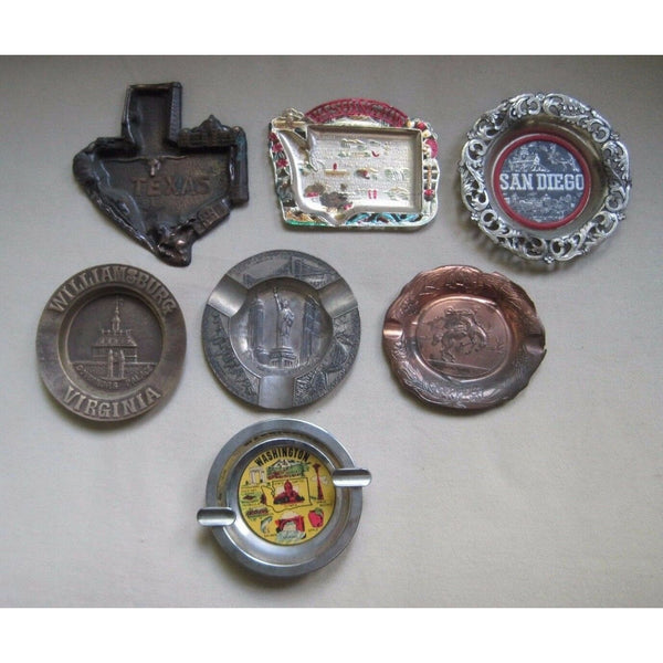 LOT of 7 VINTAGE ASHTRAYS TOURISM TRAVEL STATES PAINTED METAL COLLECTIBLES JAPAN