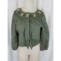 Boston Design Studio Linen Olive Cropped Snap Up Beaded Blazer Jacket Womens 12P