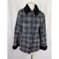 Simon Chang Boucle Woven Tweed Plaid Vegan Faux Pile Fur Lined Jacket Womens 7 8