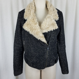 Zara Trafaluc Side Zip Shearling Wool Herringbone Tweed Moto Jacket Womens L