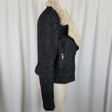 Zara Trafaluc Side Zip Shearling Wool Herringbone Tweed Moto Jacket Womens L