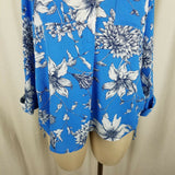 Poppi Blue 3/4 Sleeve Cinch Side Top Tunic Blouse Womens XL Large Floral Print