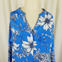 Poppi Blue 3/4 Sleeve Cinch Side Top Tunic Blouse Womens XL Large Floral Print
