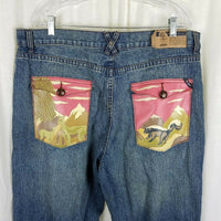 LRG Embellished GRAPHIC Patches Hip Hop Jeans Blue Denim Mens 38 40x32 Mountains