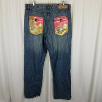LRG Embellished GRAPHIC Patches Hip Hop Jeans Blue Denim Mens 38 40x32 Mountains