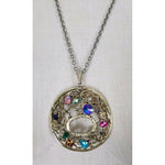 Colorful Jeweled Medallion Pendant Necklace Silver Filigree Statement Charm