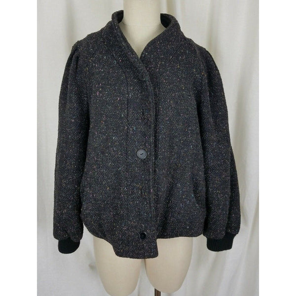 Vintage Saril Black Wool Speckled Short Peacoat Bomber Jacket Womens L USA Knit