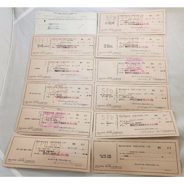 Hancock Theatre Boston Jan 1952 Cancelled Bank Checks Deposit Slips Lot Strand