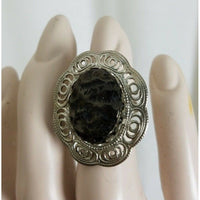 Oval Polished Black Coal Look Adjustable Ring Womens One Size Band Faceted Frame