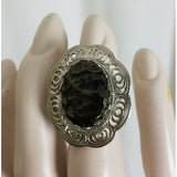 Oval Polished Black Coal Look Adjustable Ring Womens One Size Band Faceted Frame