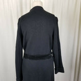 Black Suede Brushed Leather Fur Trim Knit Belted Sweater Coat Coatigan Womens L