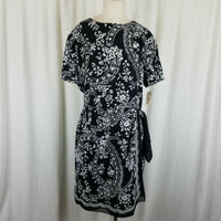 Vintage Talbots Black & White Floral Circle Vines Faux Wrap Dress Womens 14 New